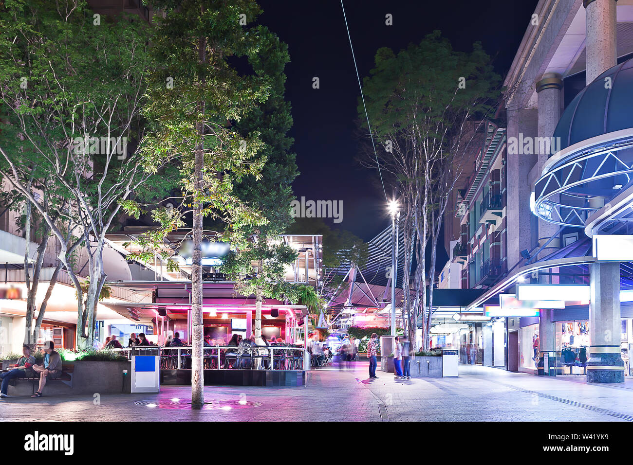 City street and trees with shops and buildings illuminated with lights