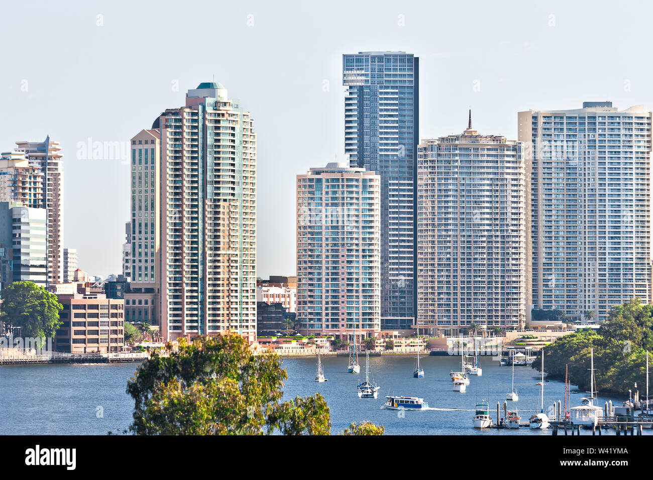 Close view of the Modern Brisbane city and huge buildings with a blue