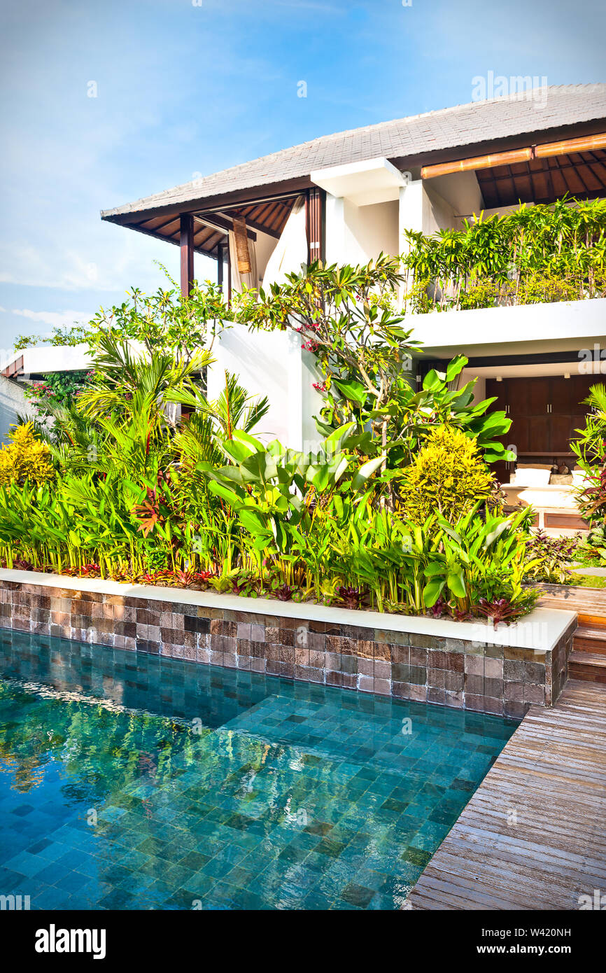 Modern garden and a swimming pool in a luxury house with blue sky ...