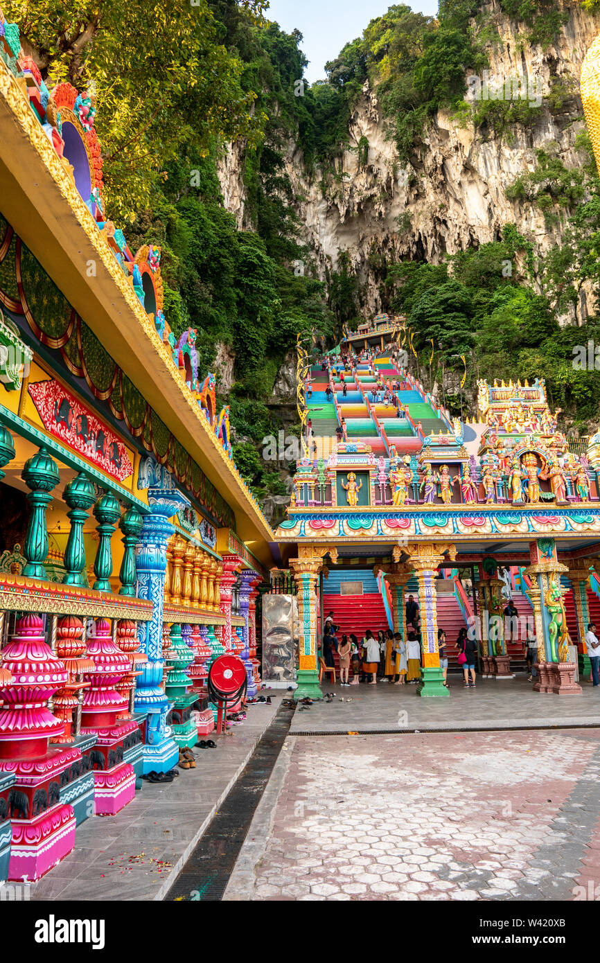 Batu Caves hindu temple with mysterious colorful pillars architecture design & colorful stairs Stock Photo