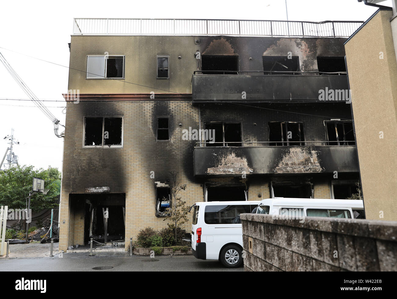 Kyoto. 19th July, 2019. Photo taken on July 19, 2019 shows a Kyoto Animation  studio building after an arson attack in Kyoto, Japan. The motive behind an  alleged arson attack on a