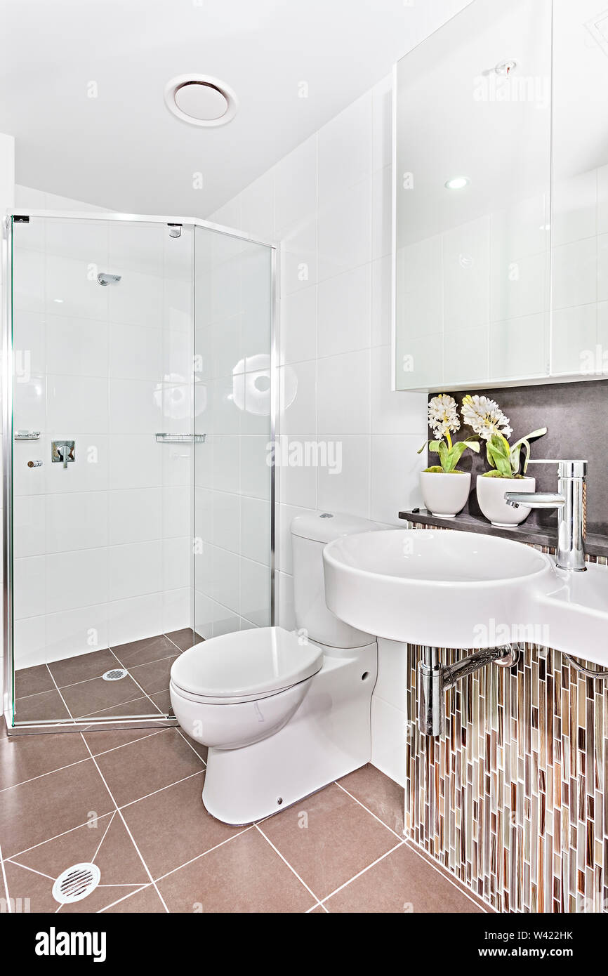 Modern Washroom With White Color Ceramics And Flower Vases Wash