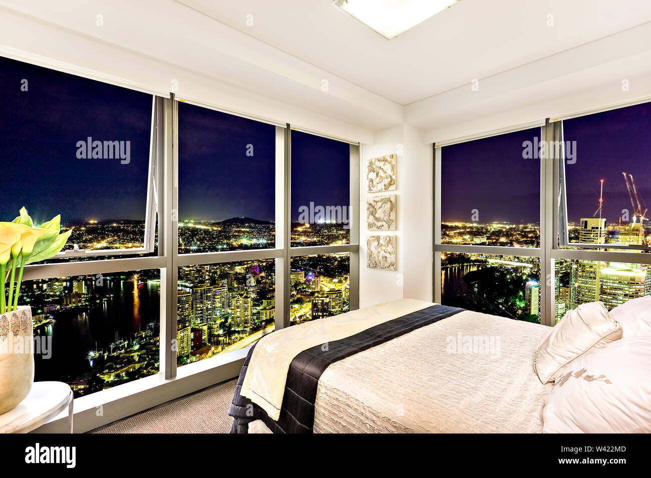 Comfortable Bed Near City View At Night Stylish Bedroom Including Abstract Designs Also Town Area Can See Through The Window Luxurious Look From Att Stock Photo Alamy Comfortable Bed Near City View At Night Stylish Bedroom Including Abstract Designs Also Town Area Can See Through The Window Luxurious Look From Att Stock Photo Alamy
