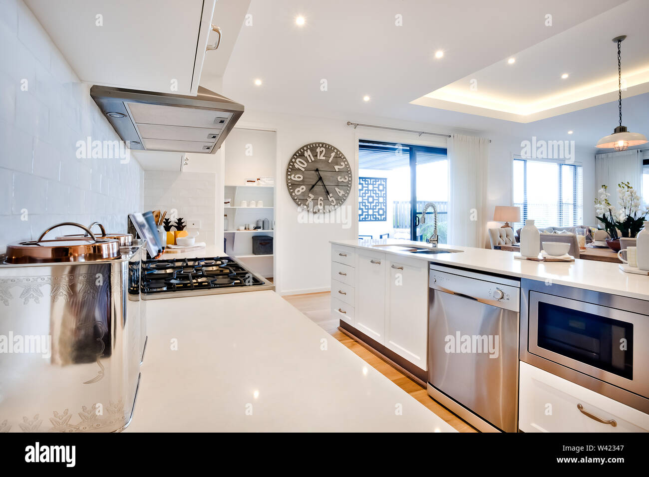 Luxury kitchen with modern items illuminated with sunlight included