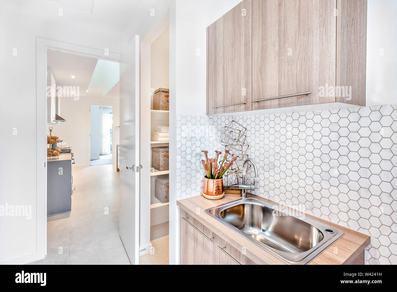 Silver Faucet With A Sink On A Wooden Counter Under The Pantry