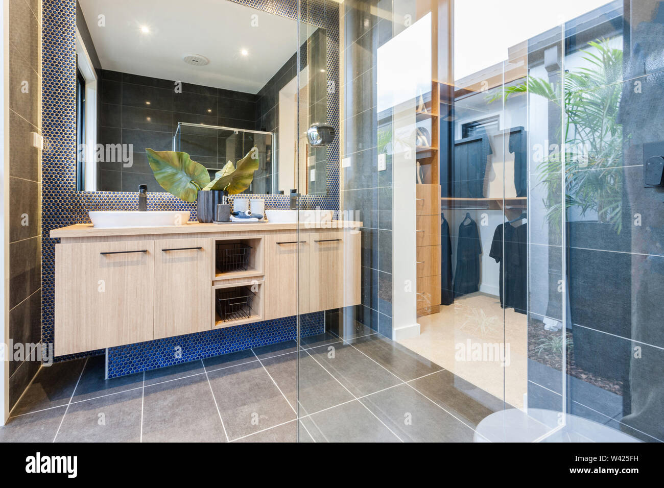 https://c8.alamy.com/comp/W425FH/stylish-washroom-with-a-dual-sink-cabinet-and-a-glass-partition-leading-to-a-walk-in-wardrobe-W425FH.jpg