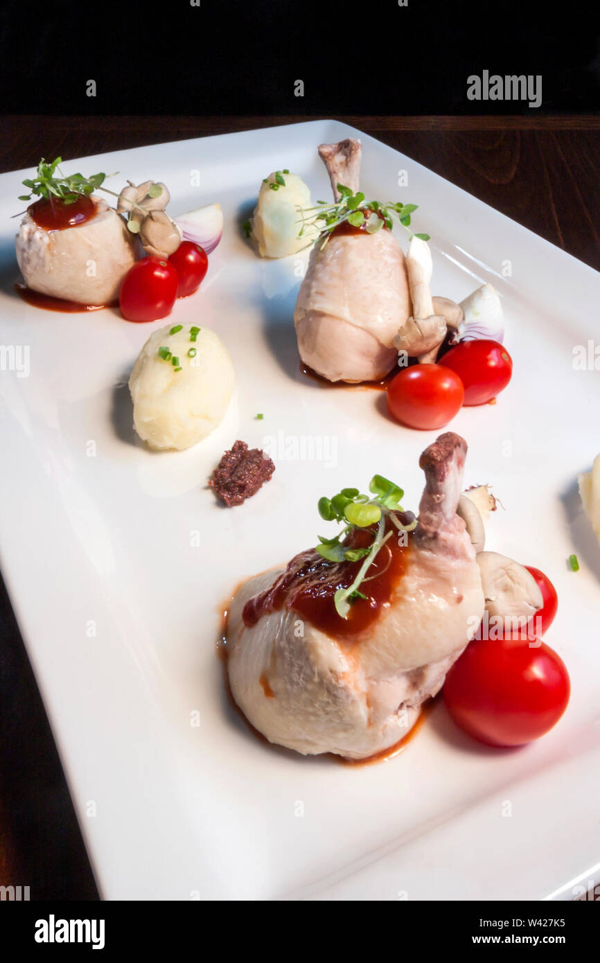 Chicken salad with fresh onions, hot food including meat and vegetable ...