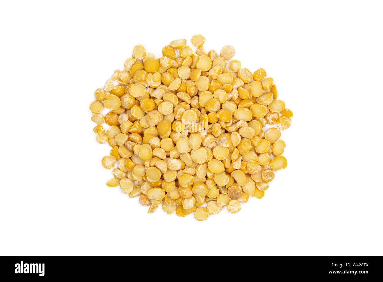 Bunch of yellow split dried peas, isolated, close up, macro, top view
