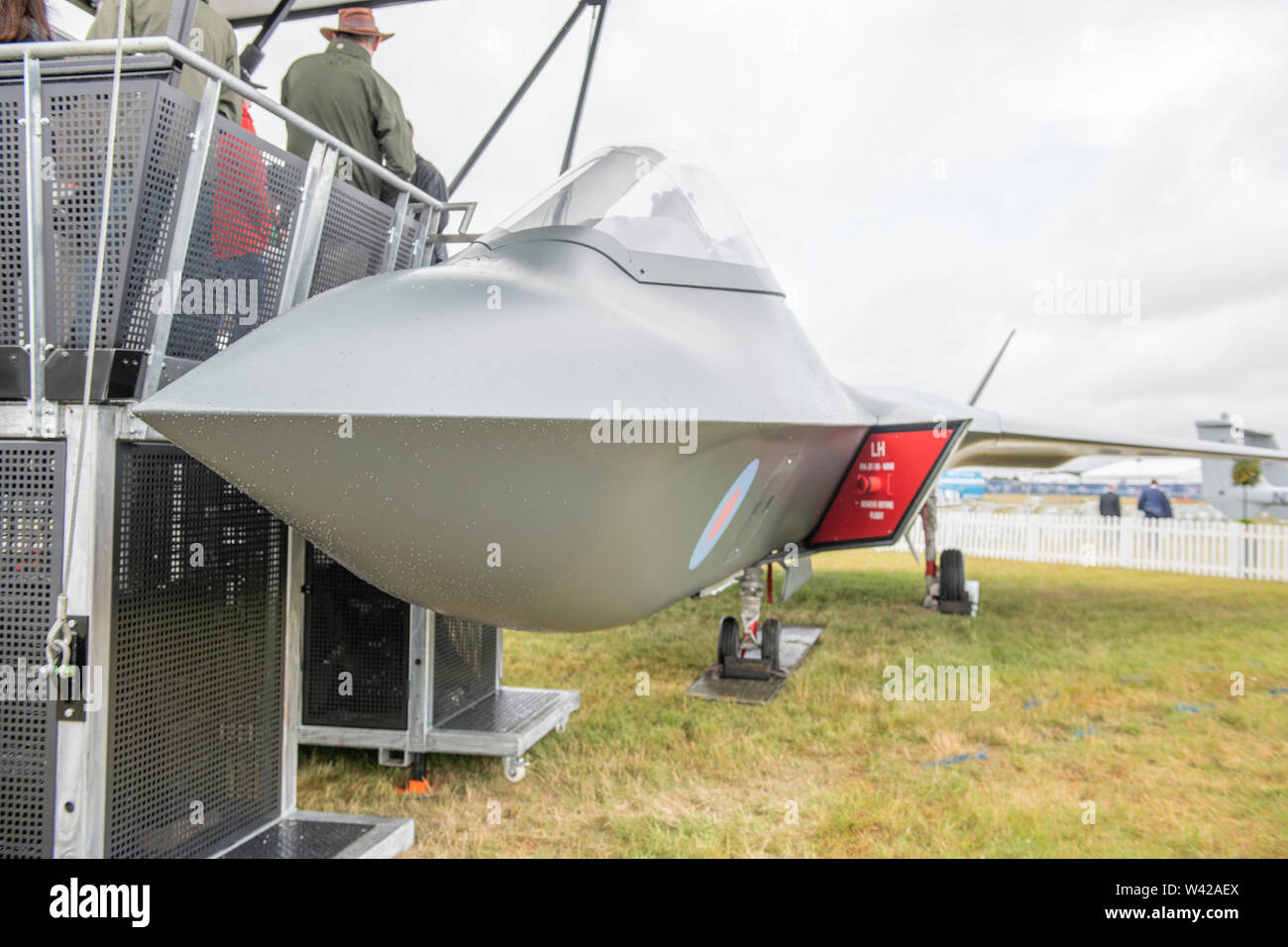 RAF Fairford, Glos, UK. 19th July 2019. Day 1 of The Royal International Air Tattoo (RIAT) with military aircraft from around the world assembling for the world’s greatest airshow which runs from 19-21 July. Image: Full size mock-up of the new 6th generation BaE Systems Tempest stealth fighter concept. Credit: Malcolm Park/Alamy Live News. Stock Photo