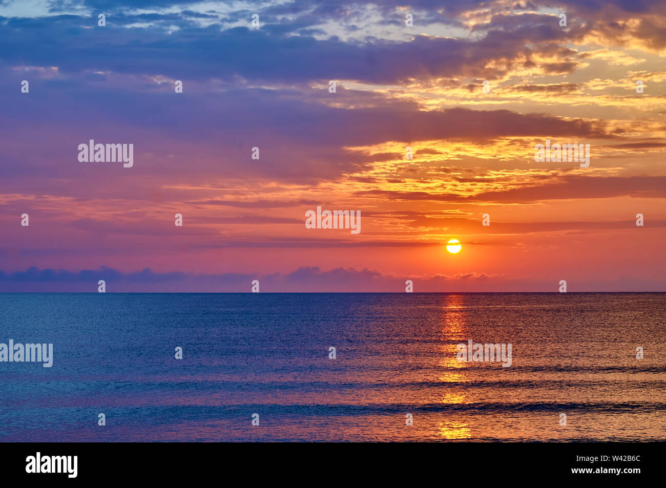 Sunrise on the Black Sea coast in a summer hot day, Bulgaria, Primorsko. BG Stock Photo