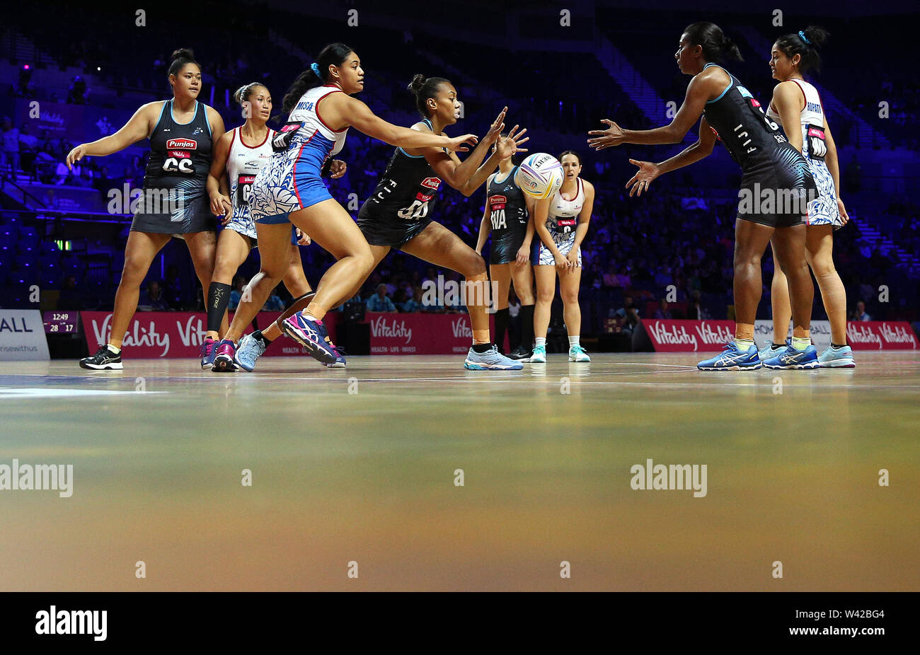 A general view of match action between Samoa and Fiji during the Netball World Cup match at the M&S Bank Arena, Liverpool. Stock Photo