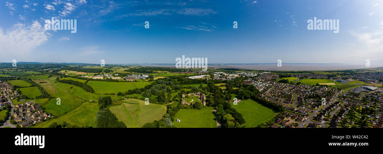 Aerial panorama of Caldicot Castle and both Severn Bridges in the background Stock Photo