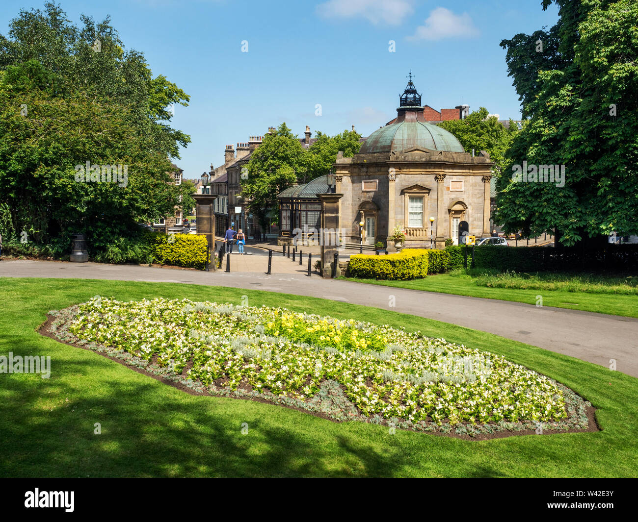 The Royal Pump Room Museum from Valley Gardens in summer Harrogate