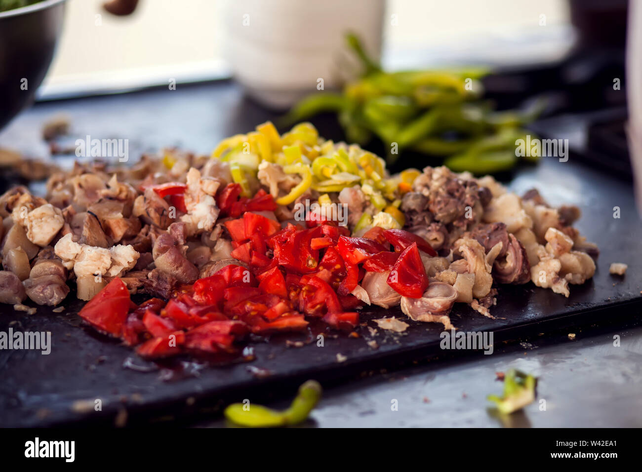 Cutted meat and vegetables are ready for cooking arabian dish Stock Photo