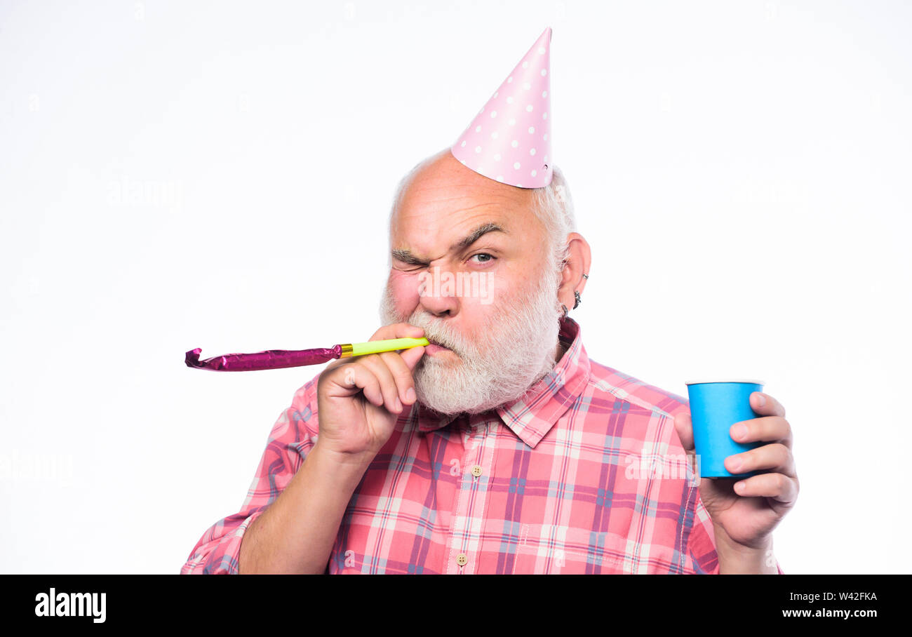 Ideas for seniors birthday celebrations. Man bearded grandpa with