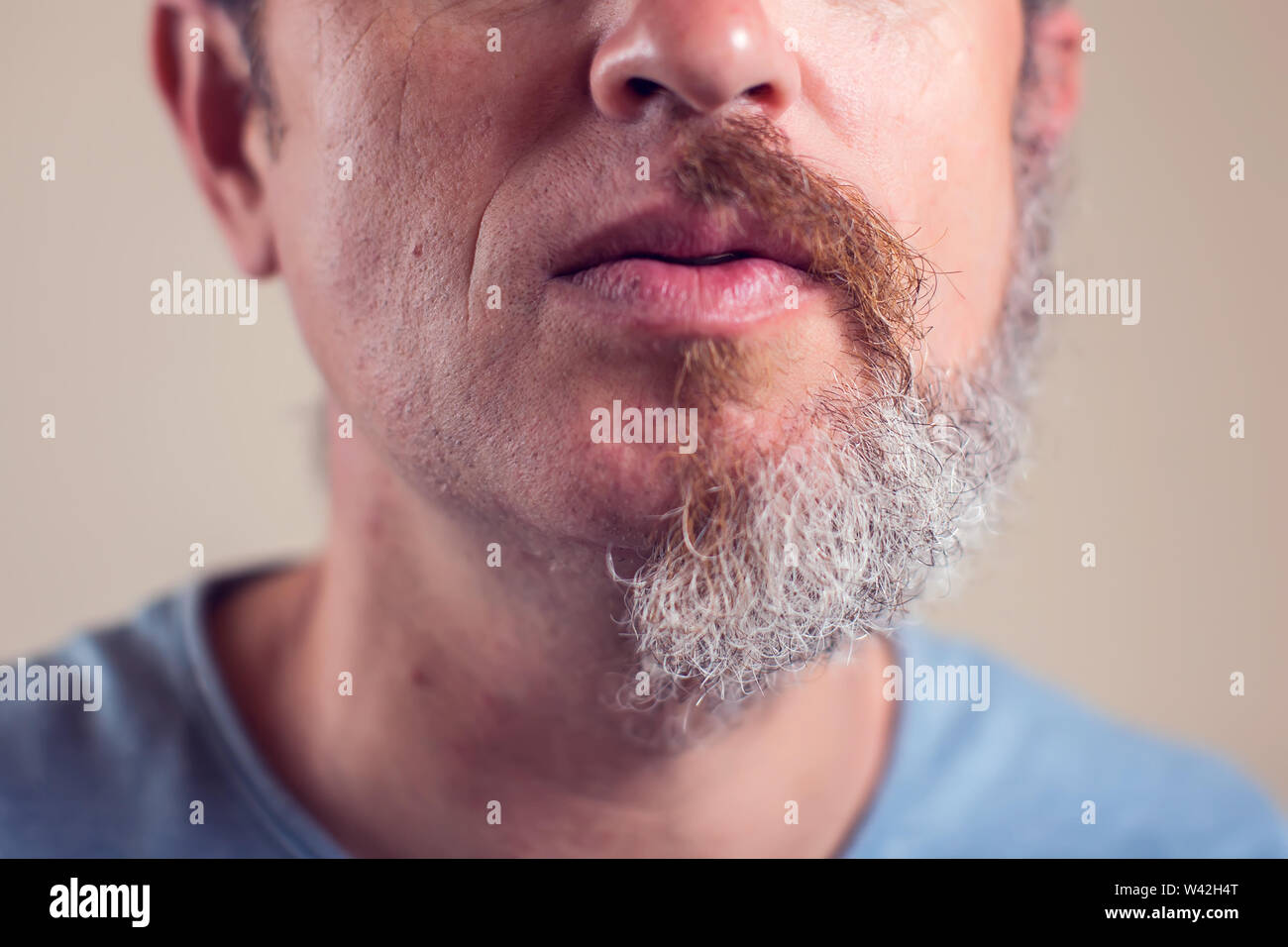 A portrait of man with half beard and hair on brown background Stock Photo
