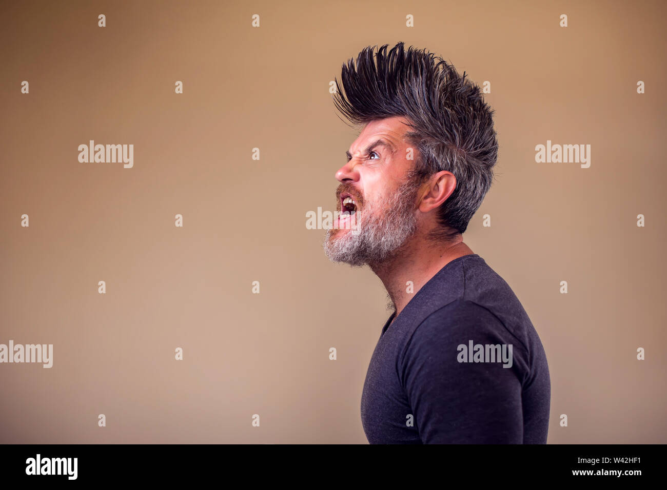 Closeup portrait of an angry adult man with a beard and iroquois. People and emotions concept Stock Photo