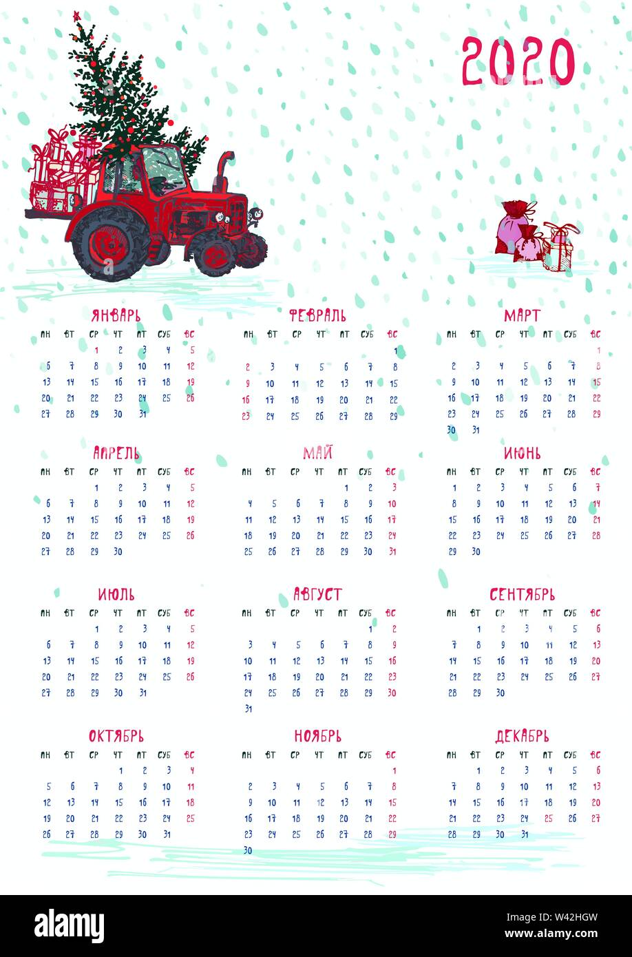 russian christmas calendar 2020 2020 Calendar Planner Whith Red Christmas Tractor New Year Tree And Celebrateted Gifts Xmas Theme Week Starts On Monday Russian Language Texts Sca Stock Vector Image Art Alamy russian christmas calendar 2020