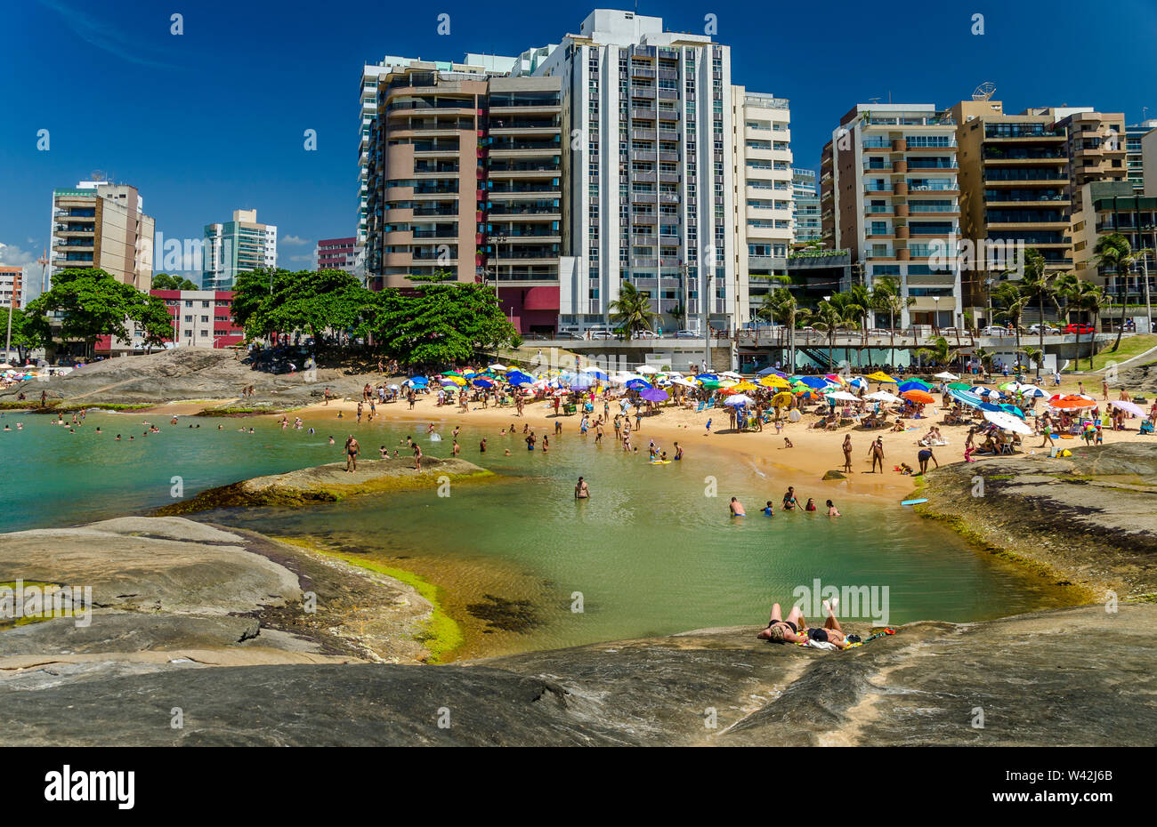 GUARAPARI ,BRAZIL - DECEMBER , 28th 2016 ; Valentine's Beach It is the most romantic beach in Guarapari. His name is because of a legend of two lovers Stock Photo