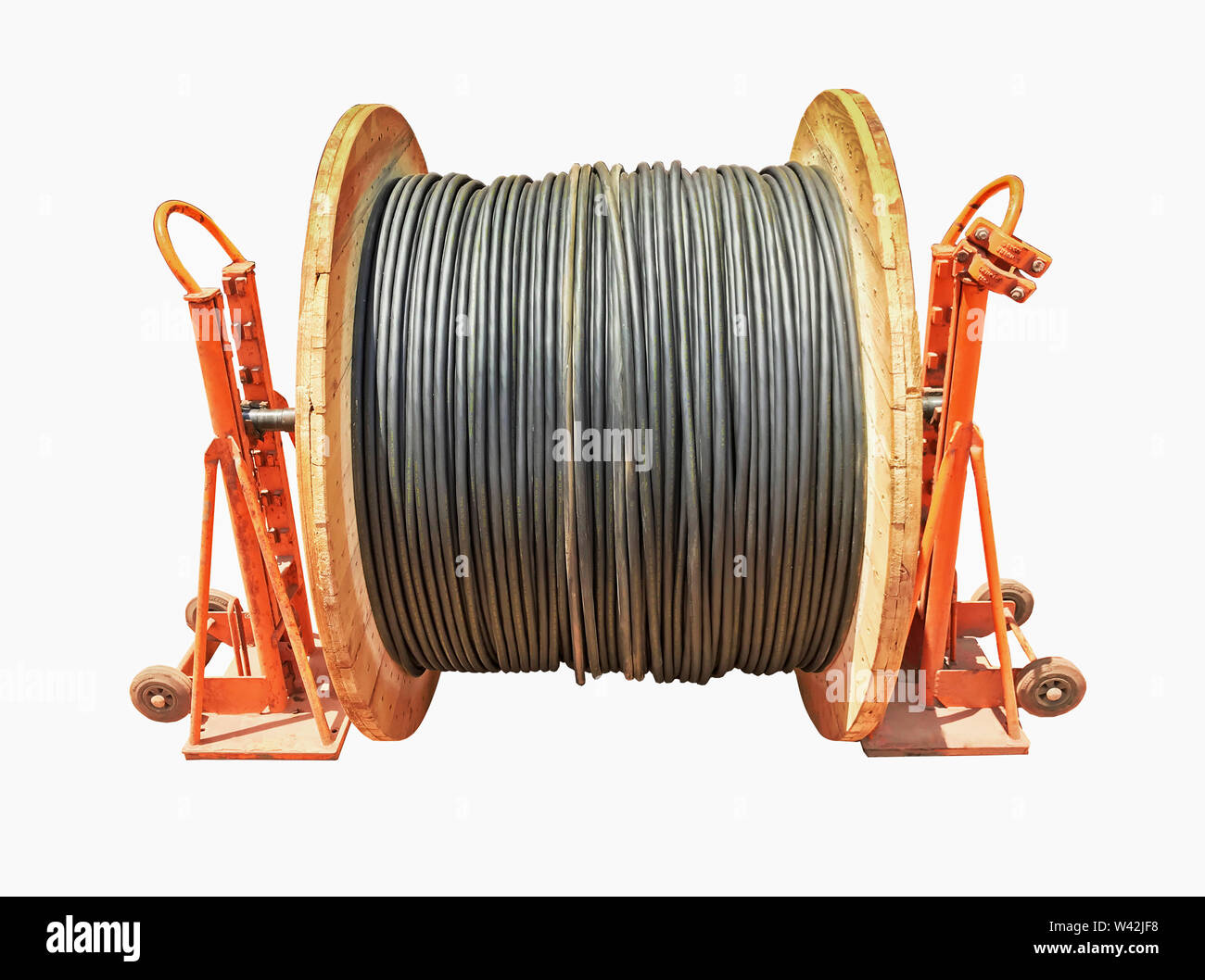 Cable drum and stand isolated from white background Stock Photo - Alamy