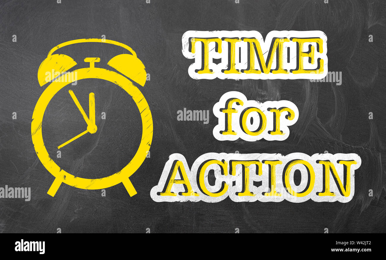 text TIME FOR ACTION on chalkboard with alarm clock icon Stock Photo