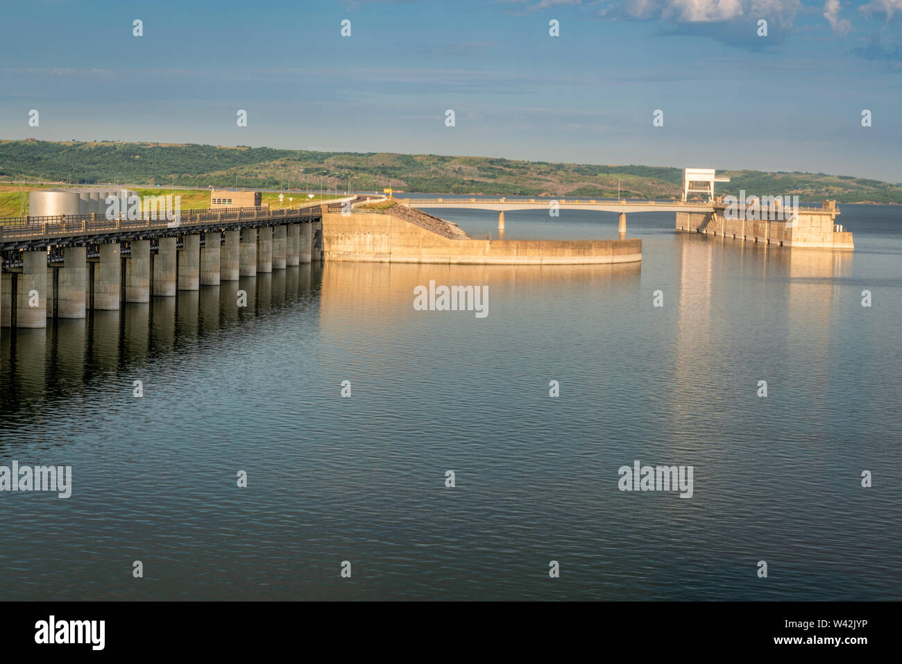 Fort Randall Dam and water inlet to hydro power plant on Missouri River