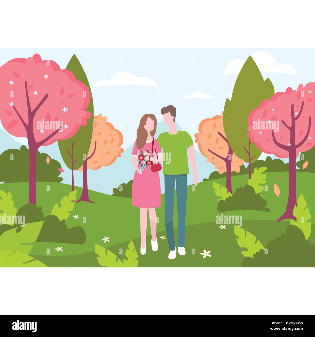Male and female walking in spring park Stock Vector
