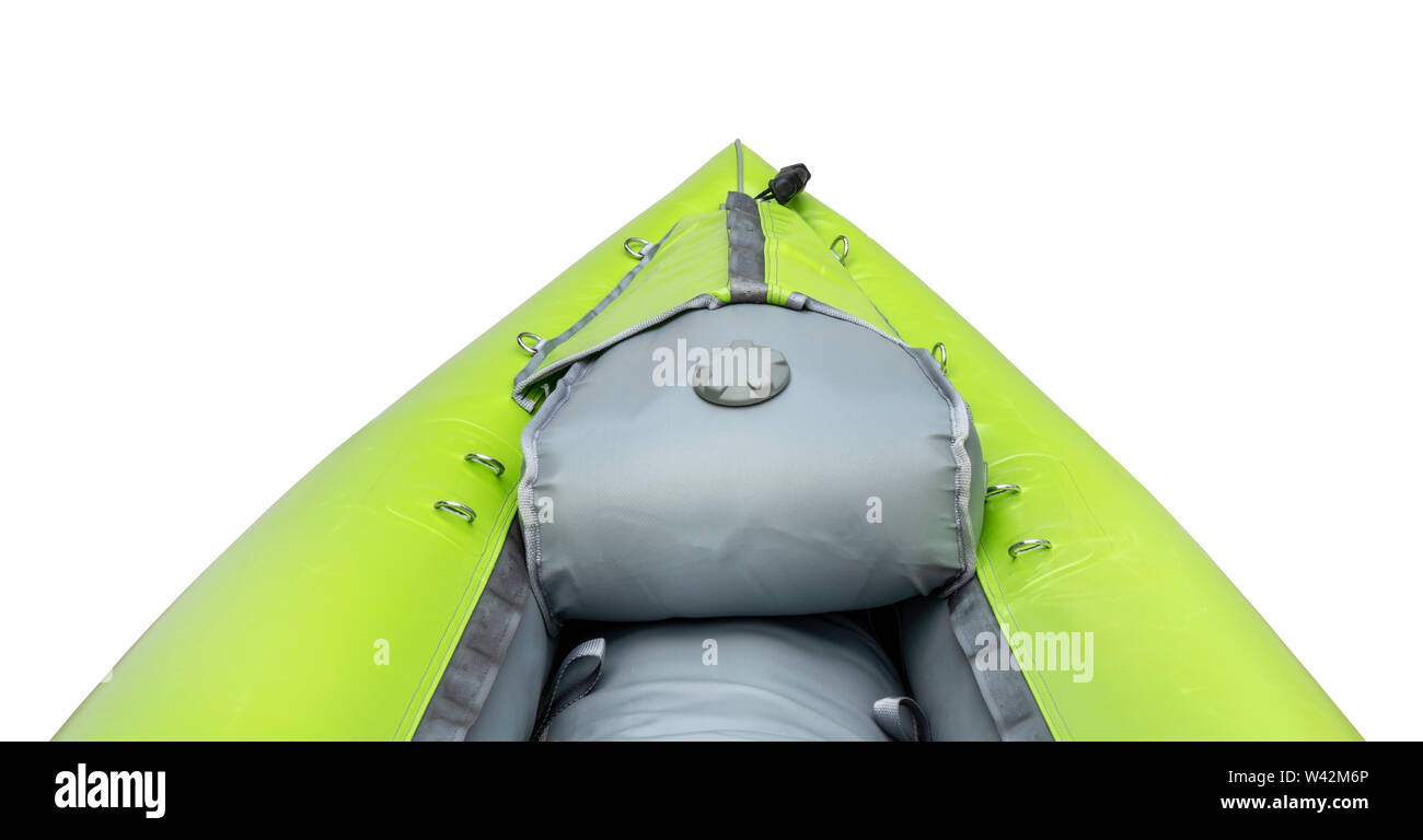 bow of green inflatable whitewater kayak isolated on white with a clipping path Stock Photo