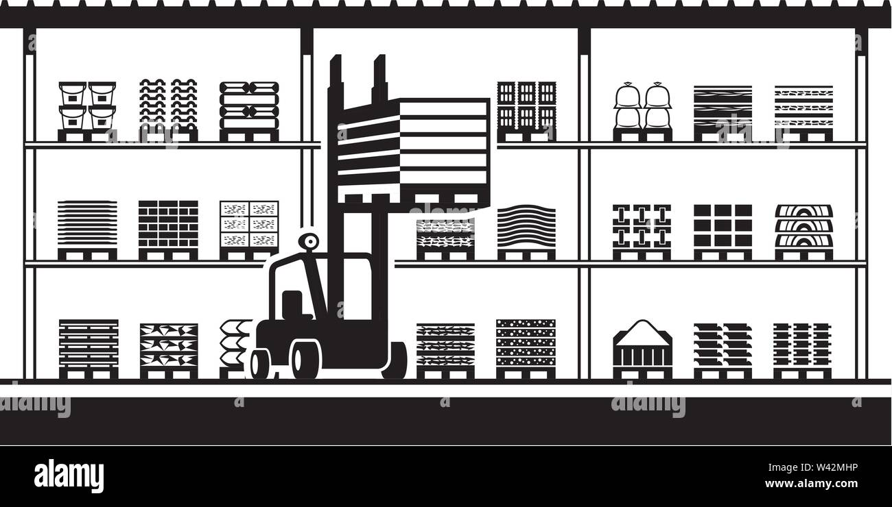 Forklift moves pallets in stock for building materials - vector illustration Stock Vector