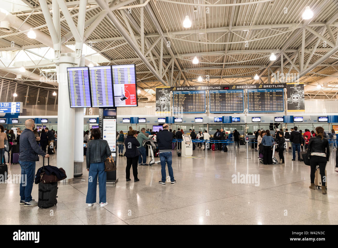 Athens, Greece. Inside the departures terminal of Athens International Airport Eleftherios