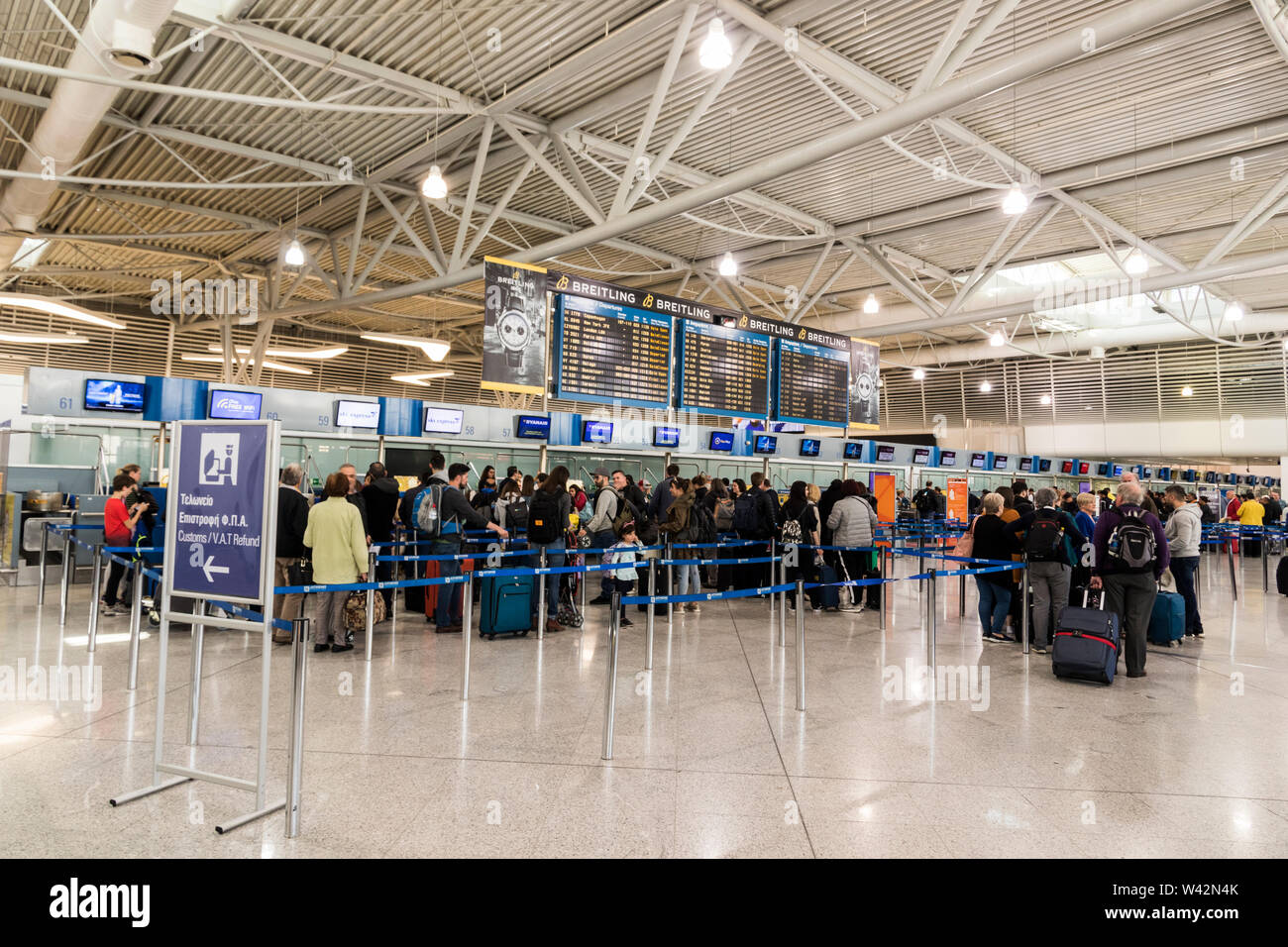 Athens, Greece. Inside the departures terminal of Athens International Airport Eleftherios Venizelos (ATH) Stock Photo