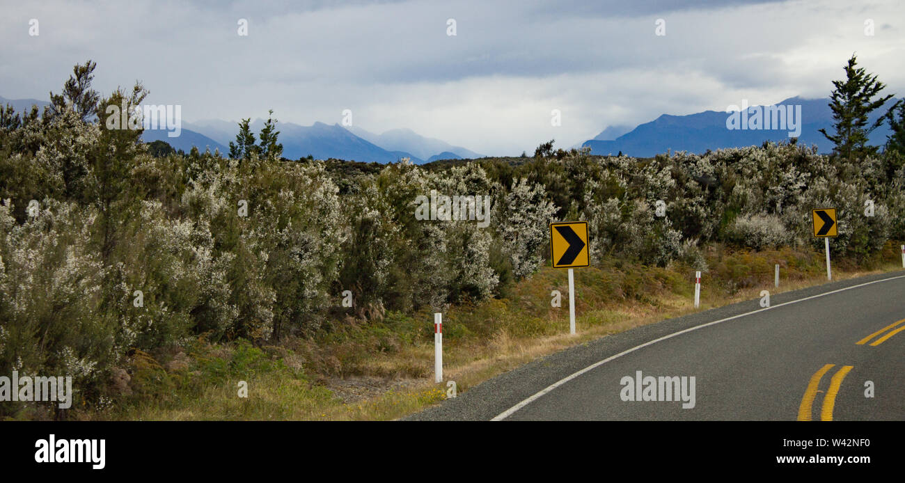 Road curving the wilderness area around Te Anau, New Zealand Stock Photo