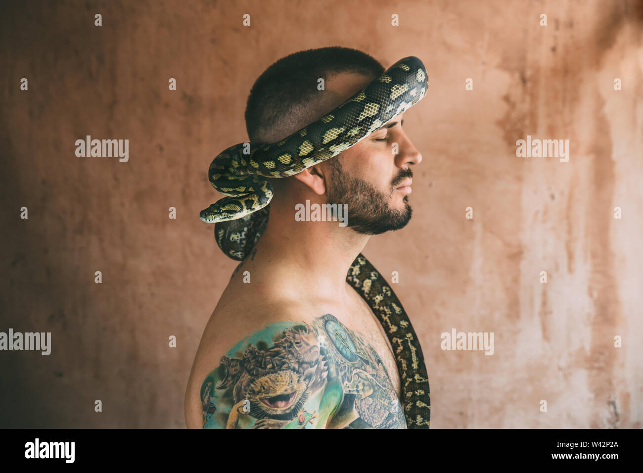 snake surrounding man's head Stock Photo