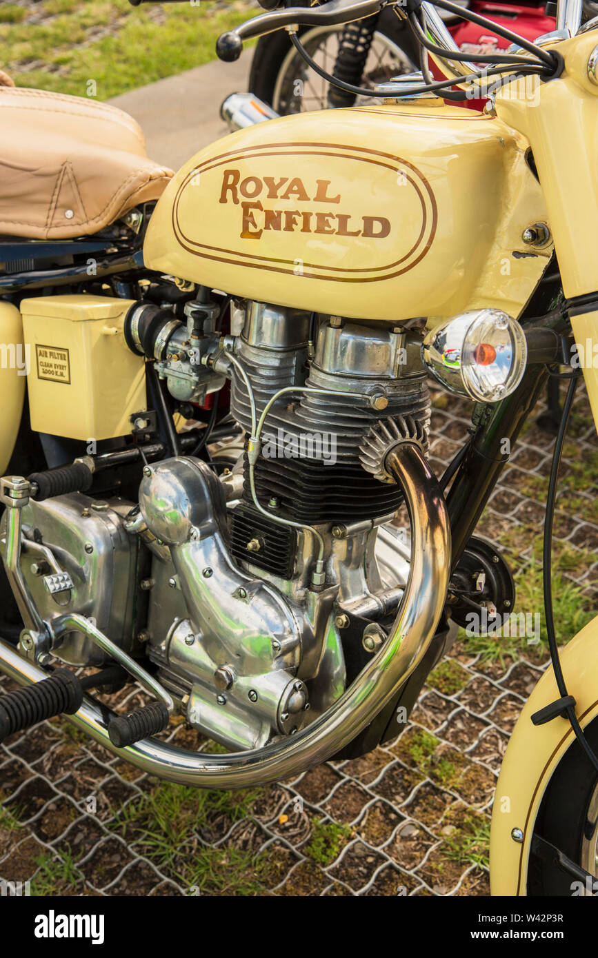 Royal Enfield motorcycle on display at a classic motor rally in Funchal Madeira Europe. Stock Photo