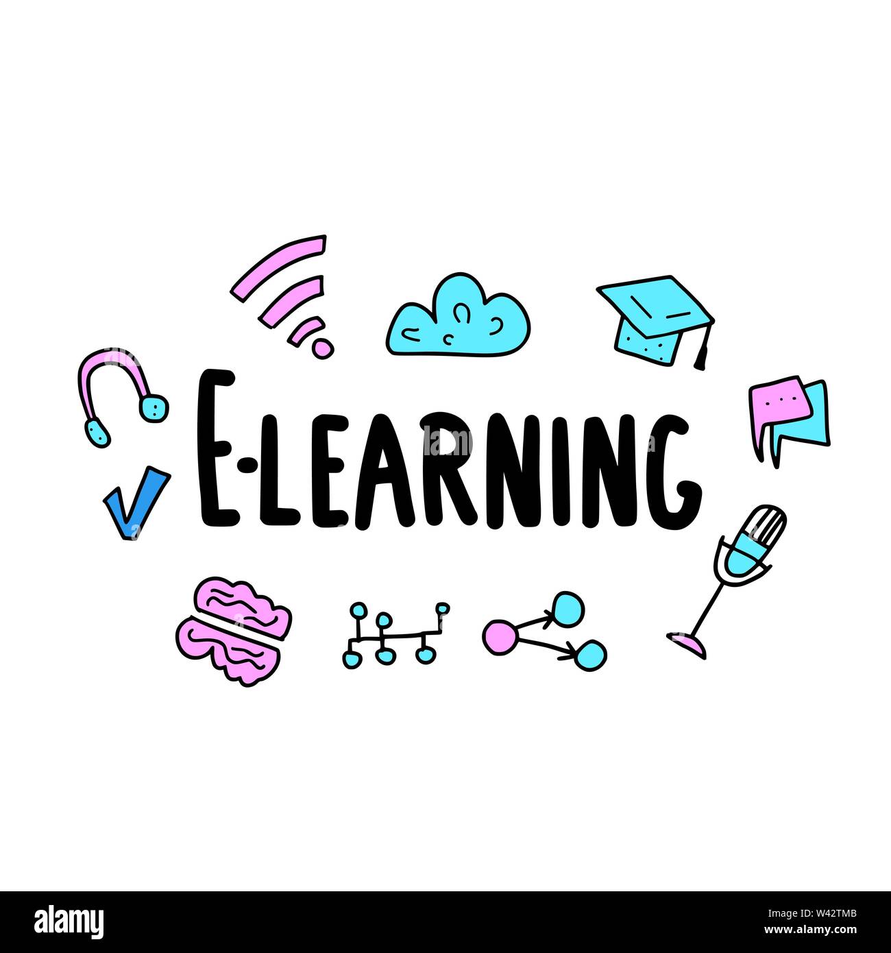 Fun Elearning Sign E-learning concept. Online education. Qute and school symbols in doodle ...