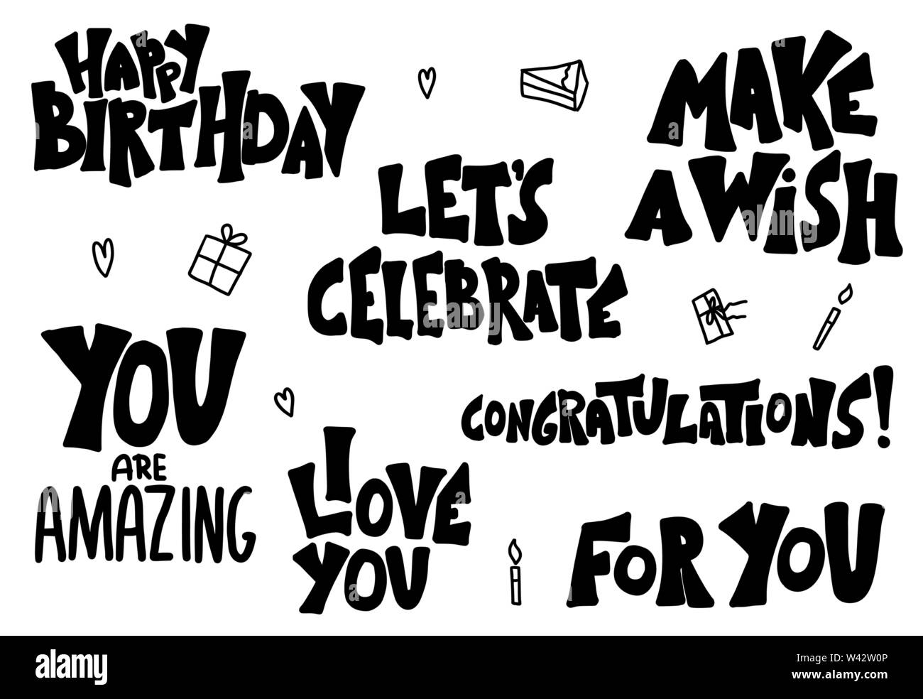 Happy Birthday hand drawn lettering set isolated on white ...