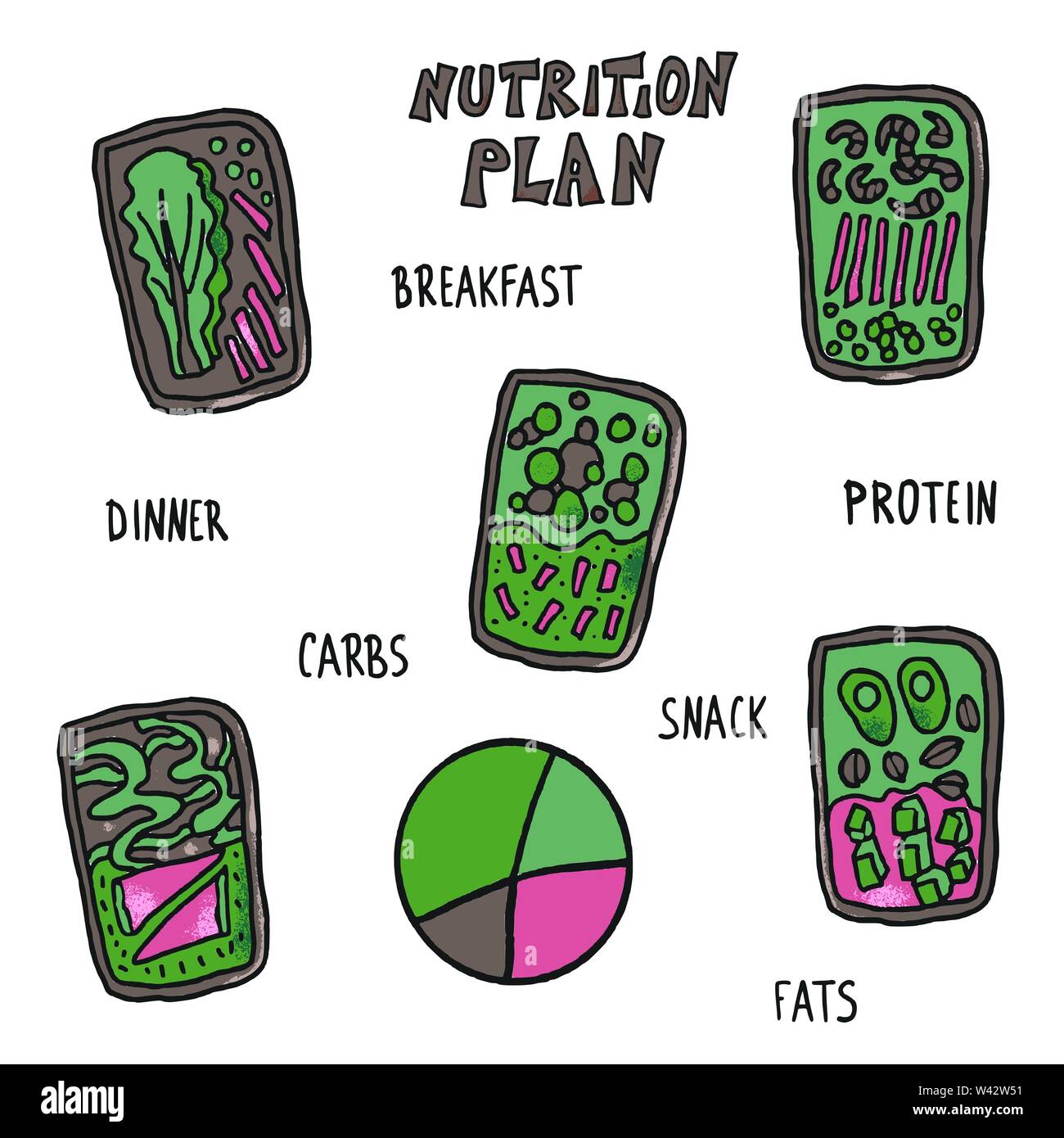 Lunch boxes and food. Healthy homemade meals in doodle style isolated ...