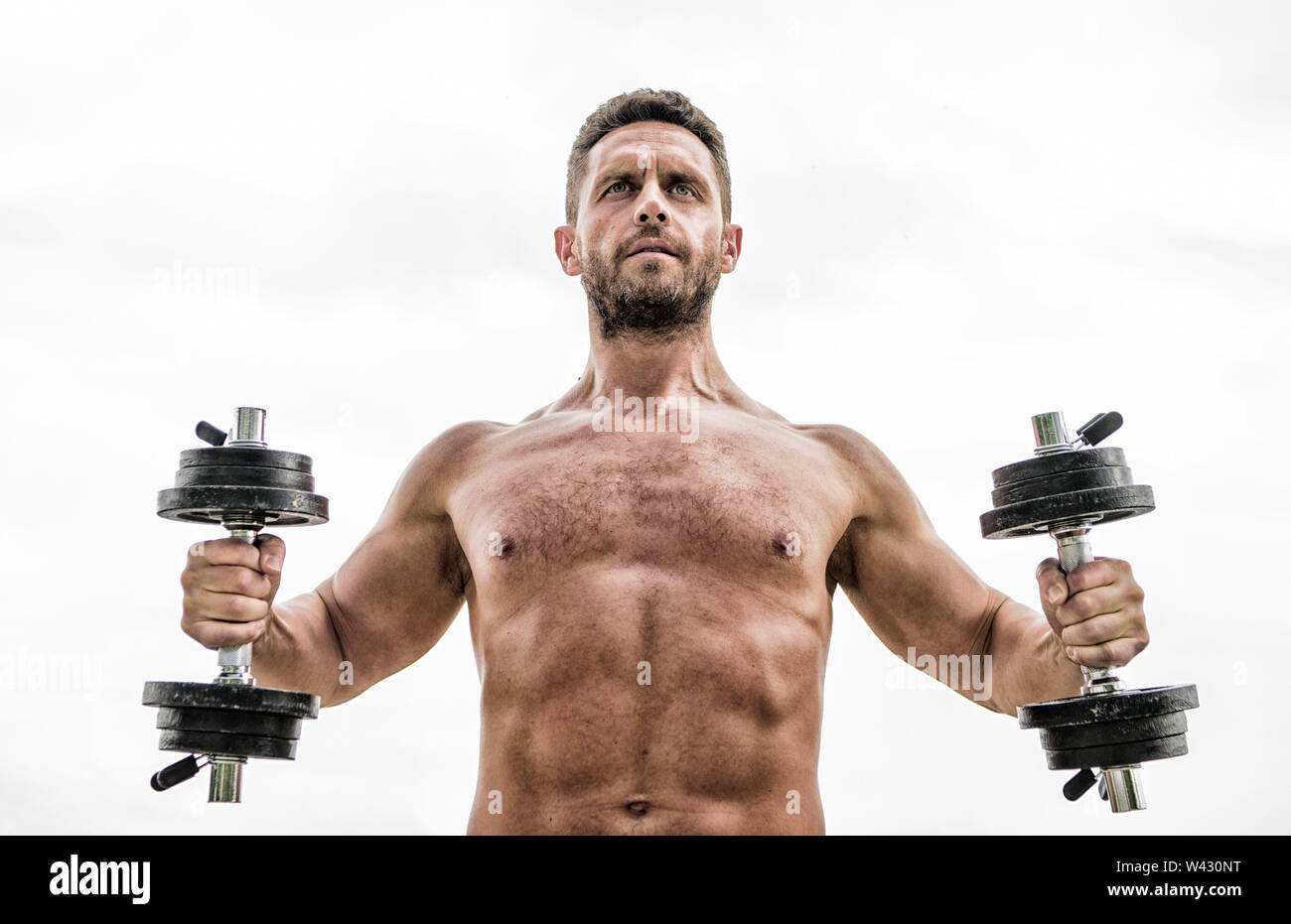 Dumbbell exercise gym. Muscular man exercising with dumbbell. Price of greatness is responsibility. Sportsman with strong torso. Gym equipment. Fitness and bodybuilding sport. Gym workout concept Stoc...
