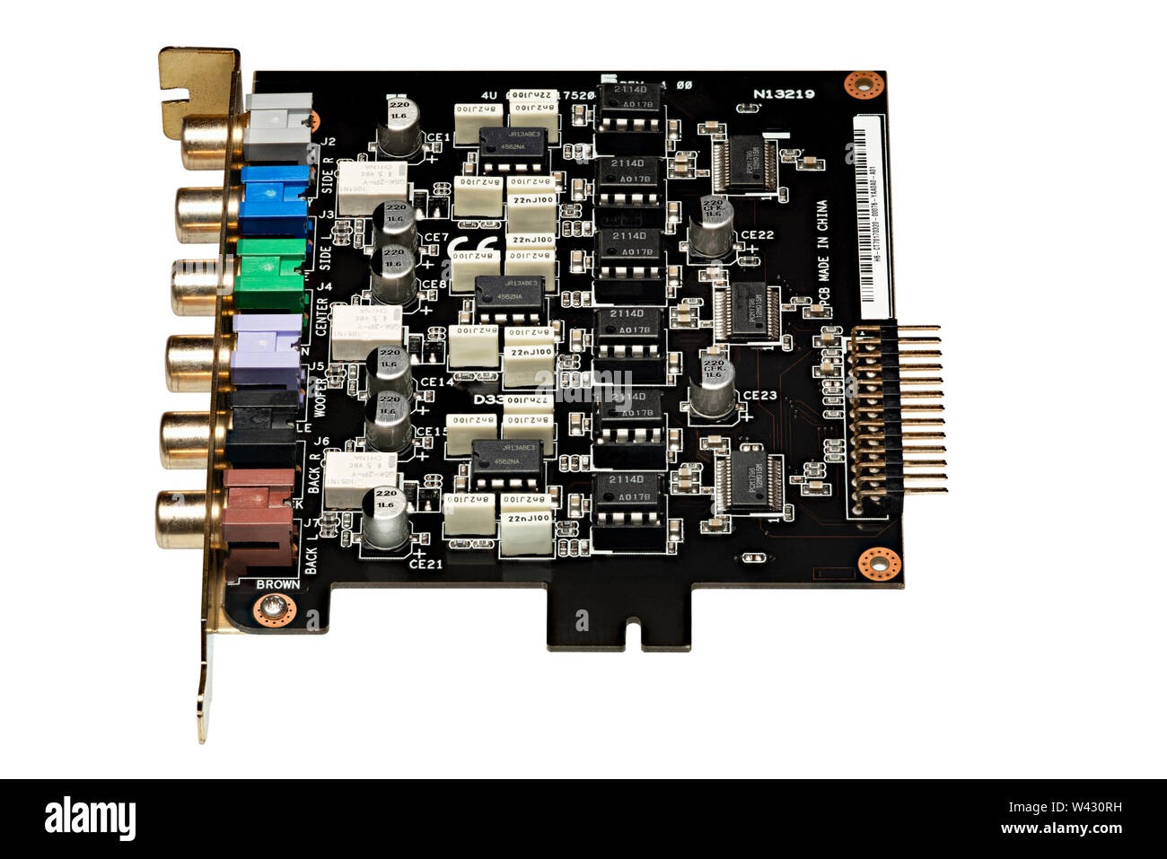 5.1 Surround Sound Analog Electronics Audio Expansion Card for Computer, Isolated on a White Background. Stock Photo