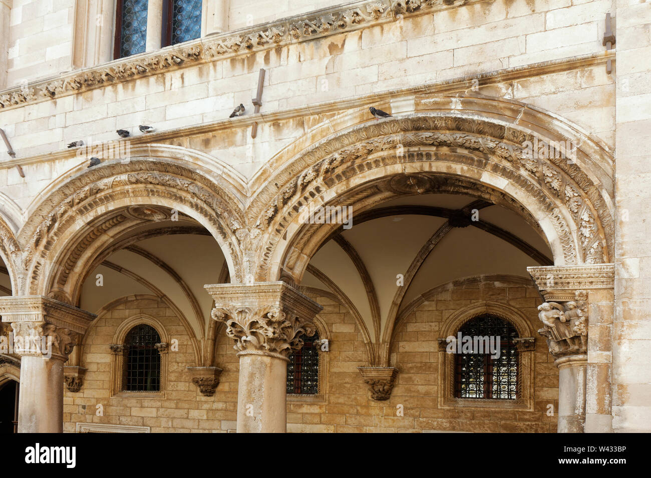 ornate arches; Rector's Palace; 15th century; Gothic; Renaisance; Baroque; now Cultural History Museum; Old Town; Dubrovnik; Croatia; horizontal Stock Photo