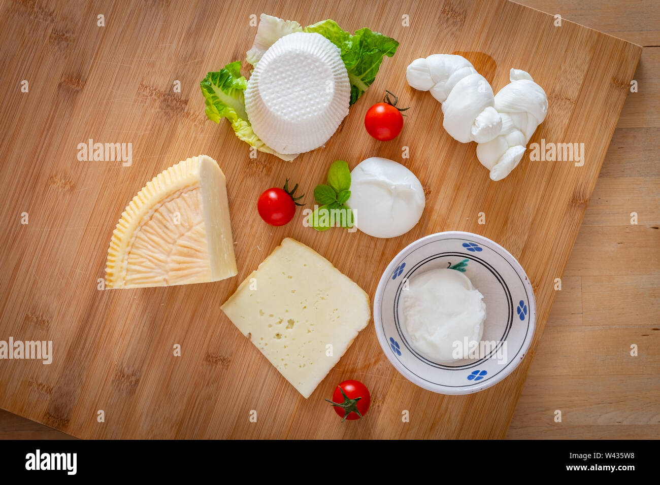 Traditional Apulian cheeses composition pecorino, mozzarella, ricotta
