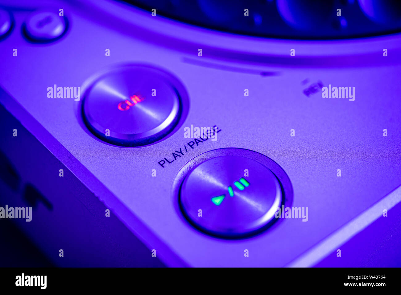 JULY 19, 2019 - MALAGA, SPAIN. Closeup of Play, Pause and Cue buttons on a Pioneer CDJ 800 Mk2 CD Player Stock Photo