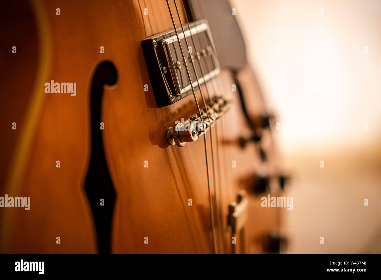 Vintage electric guitar, semi-hollow body type. Close up of body, strings and pickups Stock Photo