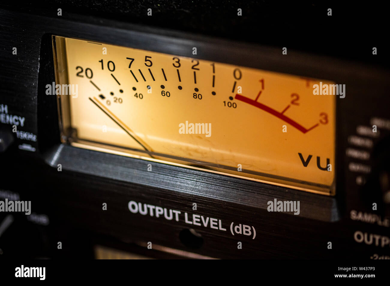Close-up of vintage analog audio output level meter Stock Photo