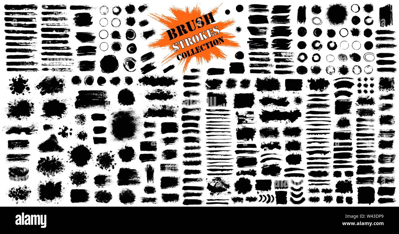 Brush strokes bundle. Vector paintbrush set. Circle frames. Round grunge design elements. Rectangle, square and burst text boxes. Dirty distress textu Stock Vector