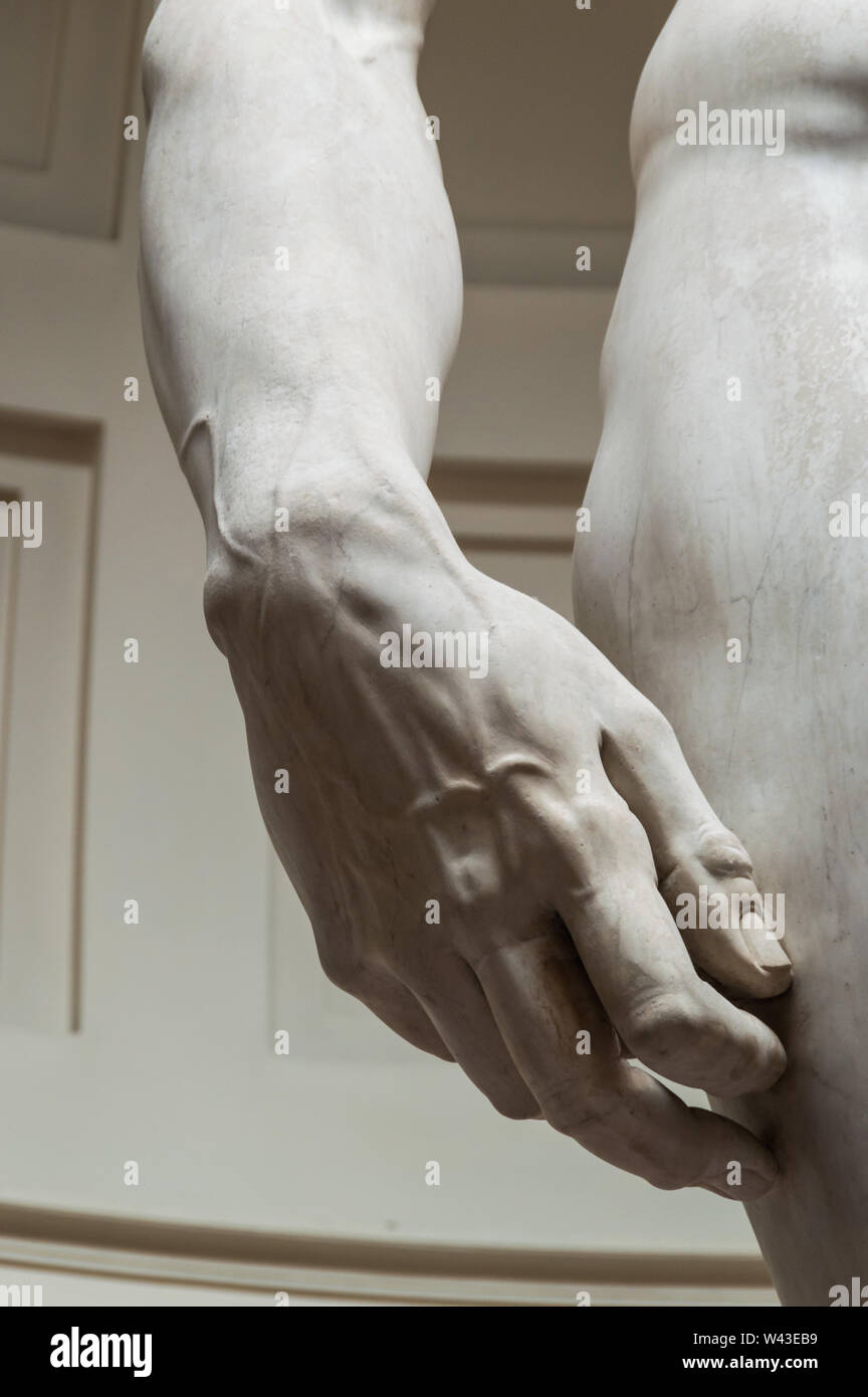 Vertical close up view of David's hand details.  Sculpture done by famous Italian sculptor Michelangelo Stock Photo