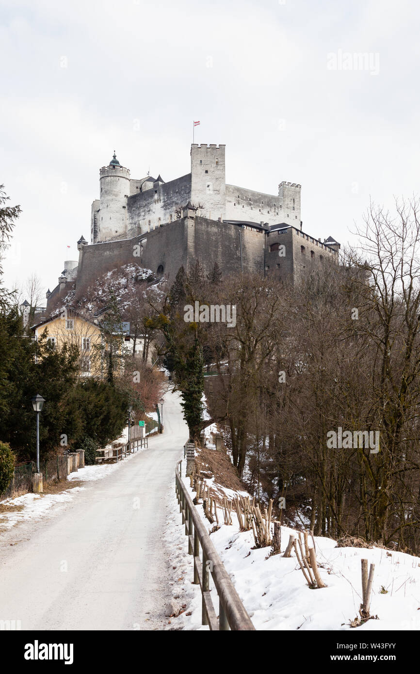 A mid winter view of Hohensalzburg Fortress, Salzburg, Austria. The