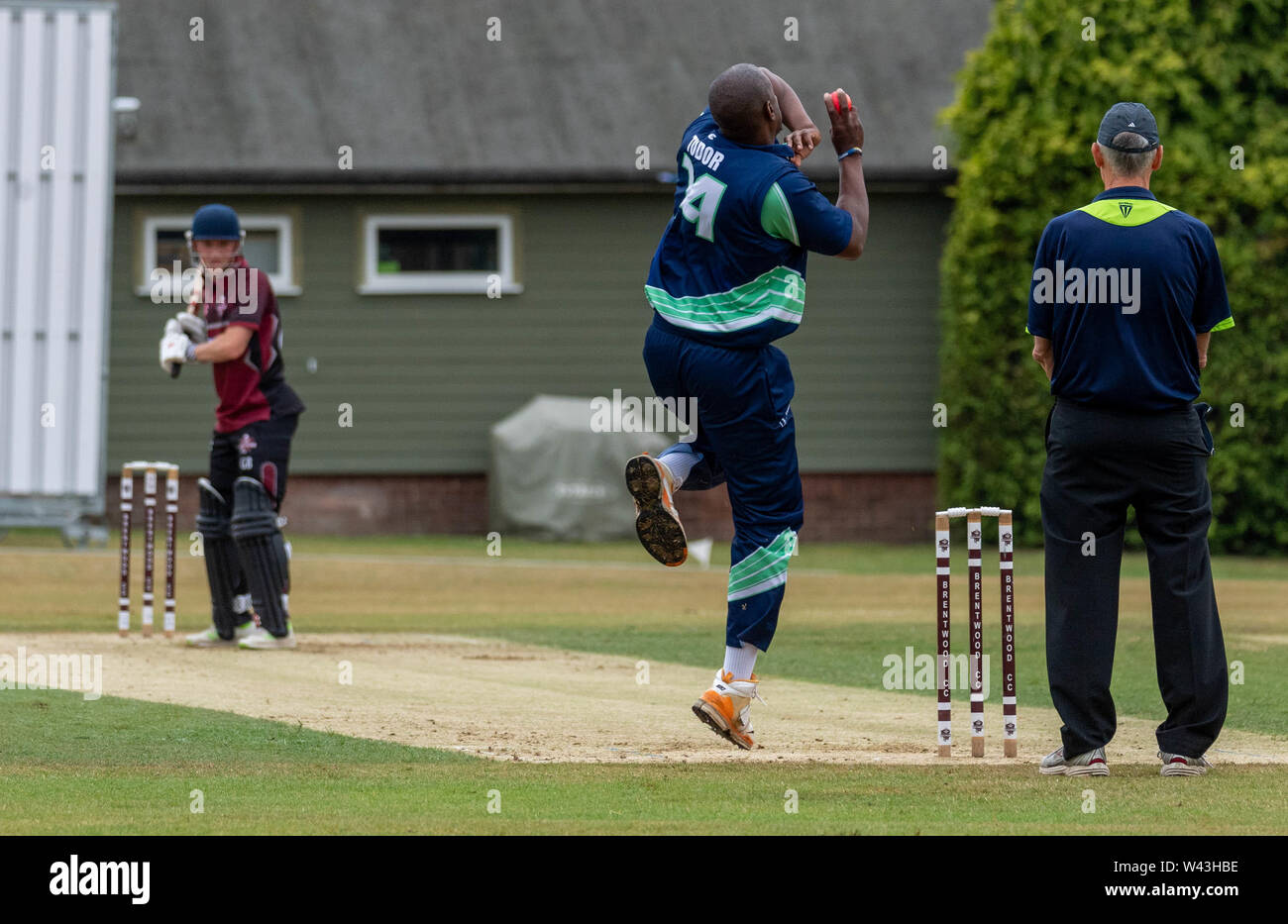 Brentwood Essex 19th July 2019 Cricket match between the PCA English Masters and Brentwood Cricket Club. Alex Tudor bowling for the PCA Credit Ian Davidson/Alamy Live News Stock Photo