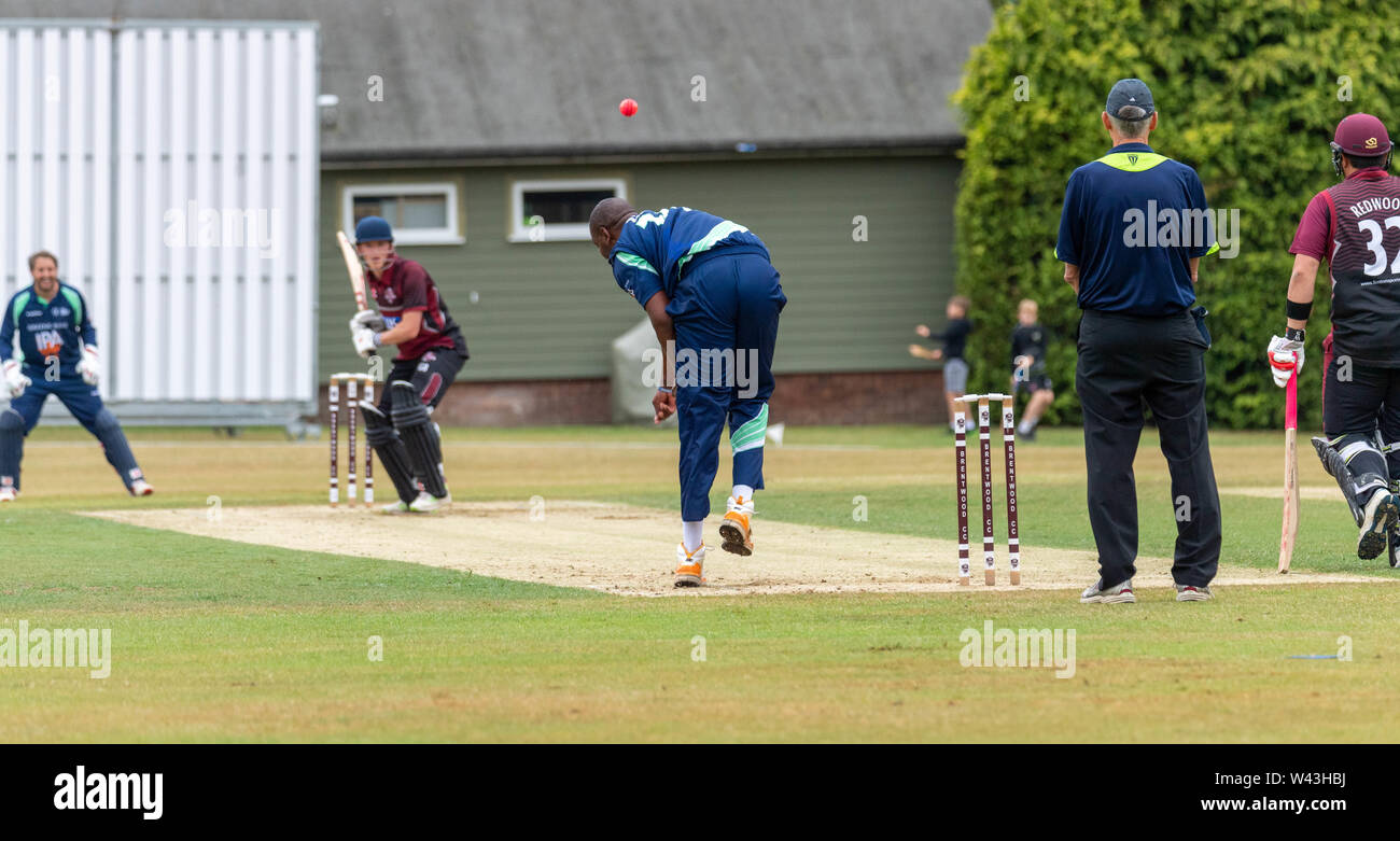 Brentwood Essex 19th July 2019 Cricket match between the PCA English Masters and Brentwood Cricket Club.  Alex Tudor of the PCA bowling, Credit Ian Davidson/Alamy Live News Stock Photo