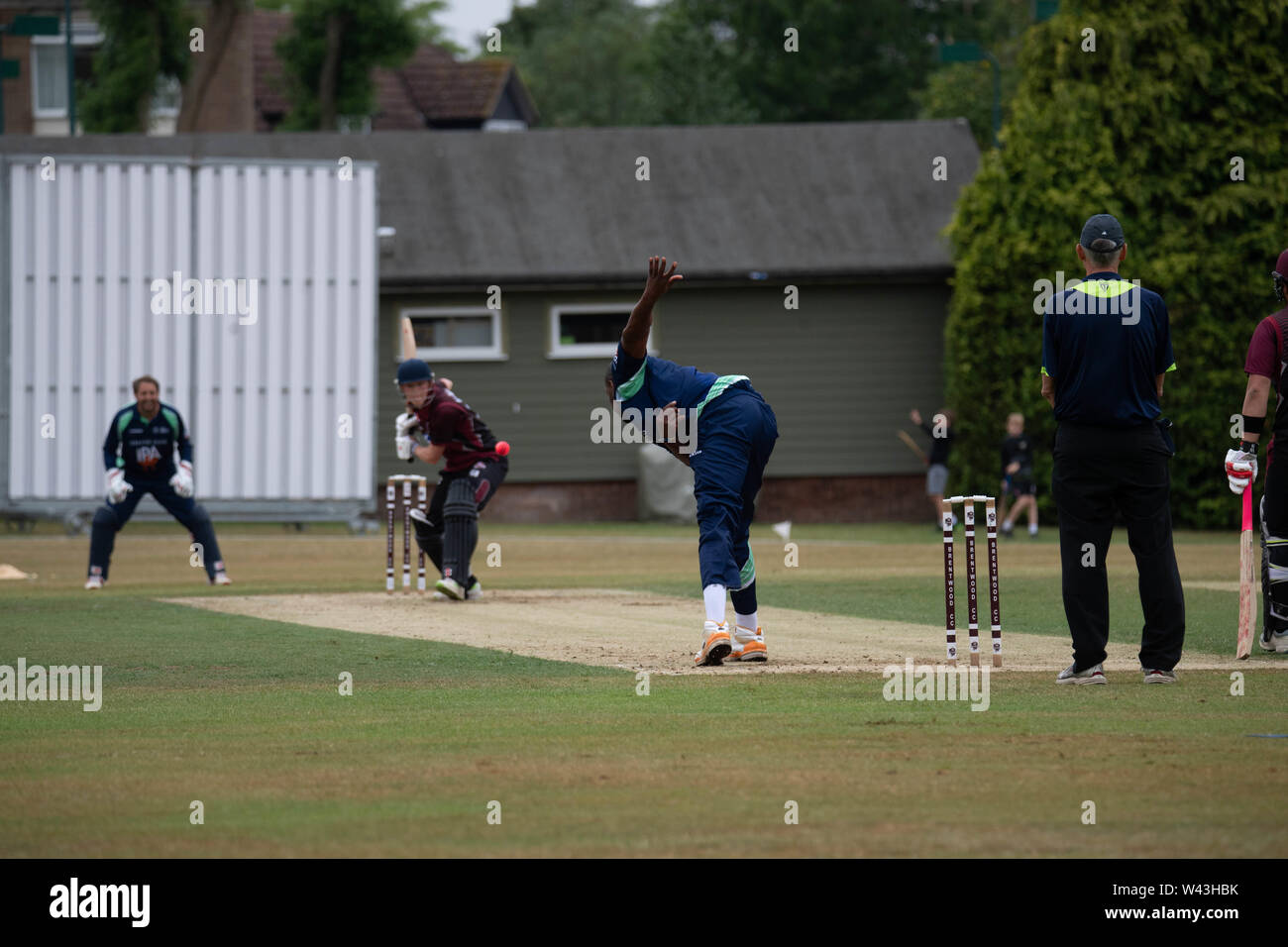 Brentwood Essex 19th July 2019 Cricket match between the PCA English Masters and Brentwood Cricket Club Alex Tudor  bowling for the PCA.  Credit Ian Davidson/Alamy Live News Stock Photo